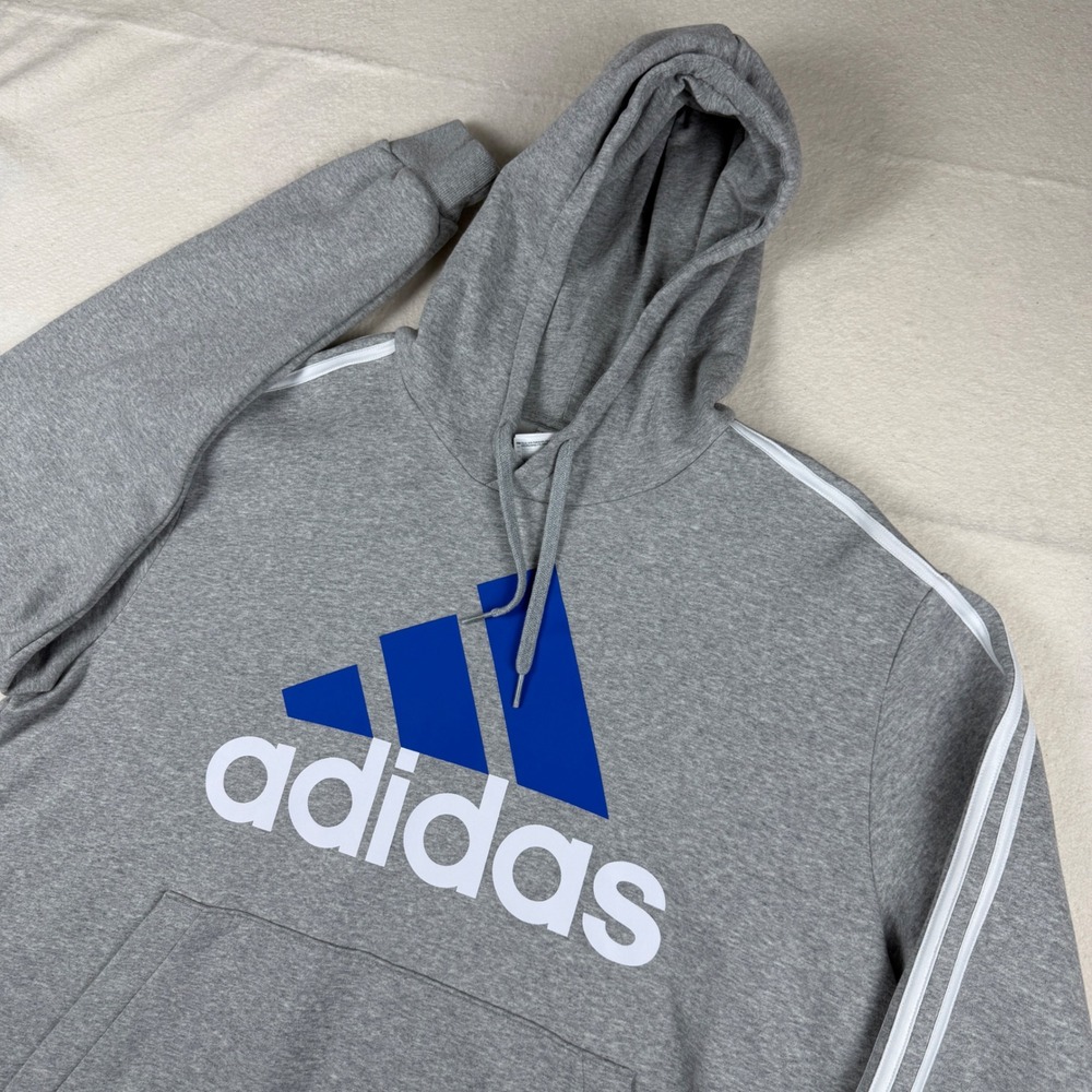 Adidas Essentials Big Logo Hoodie Mens 2XLT Grey Blue GV5249 3-Stripe Pullover